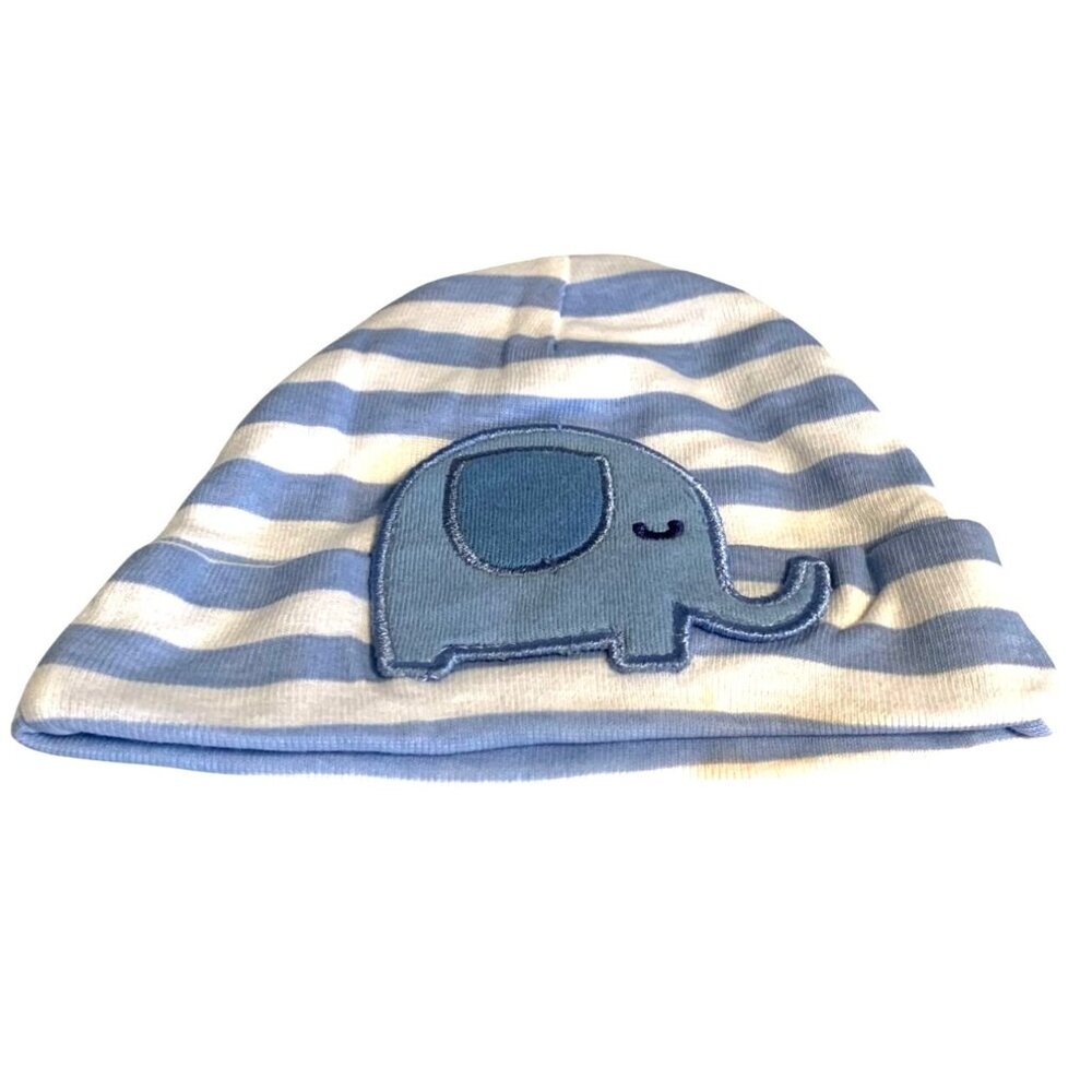 Gerbers Infant Baby Size 3 6 months Blue White ELephant Striped Cap Hat Beanie